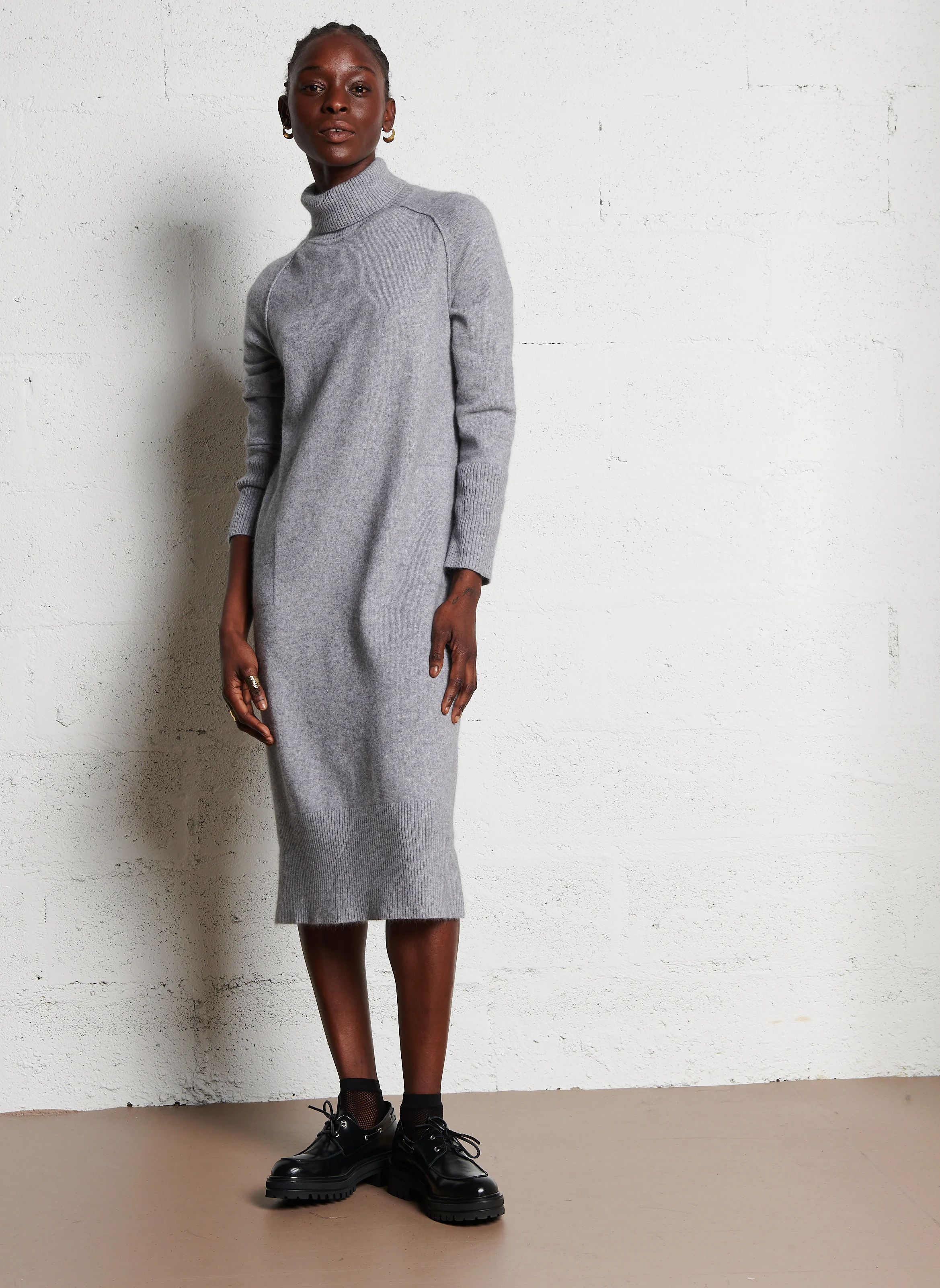 LOU - Robe pull midi col roulé en laine mélangée| Gris