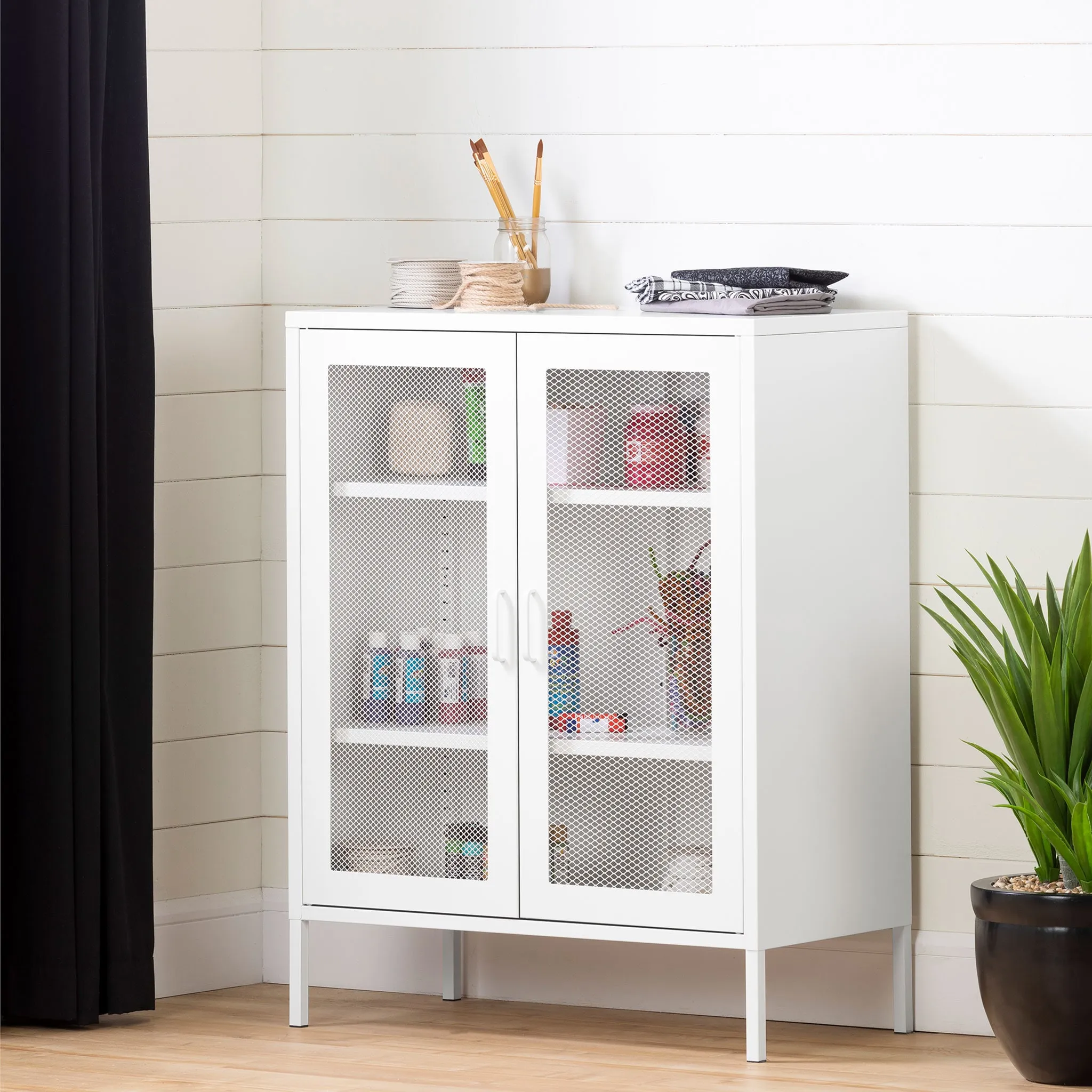 South Shore Meuble de Rangement avec Portes Grillagées en Métal Crea - Blanc