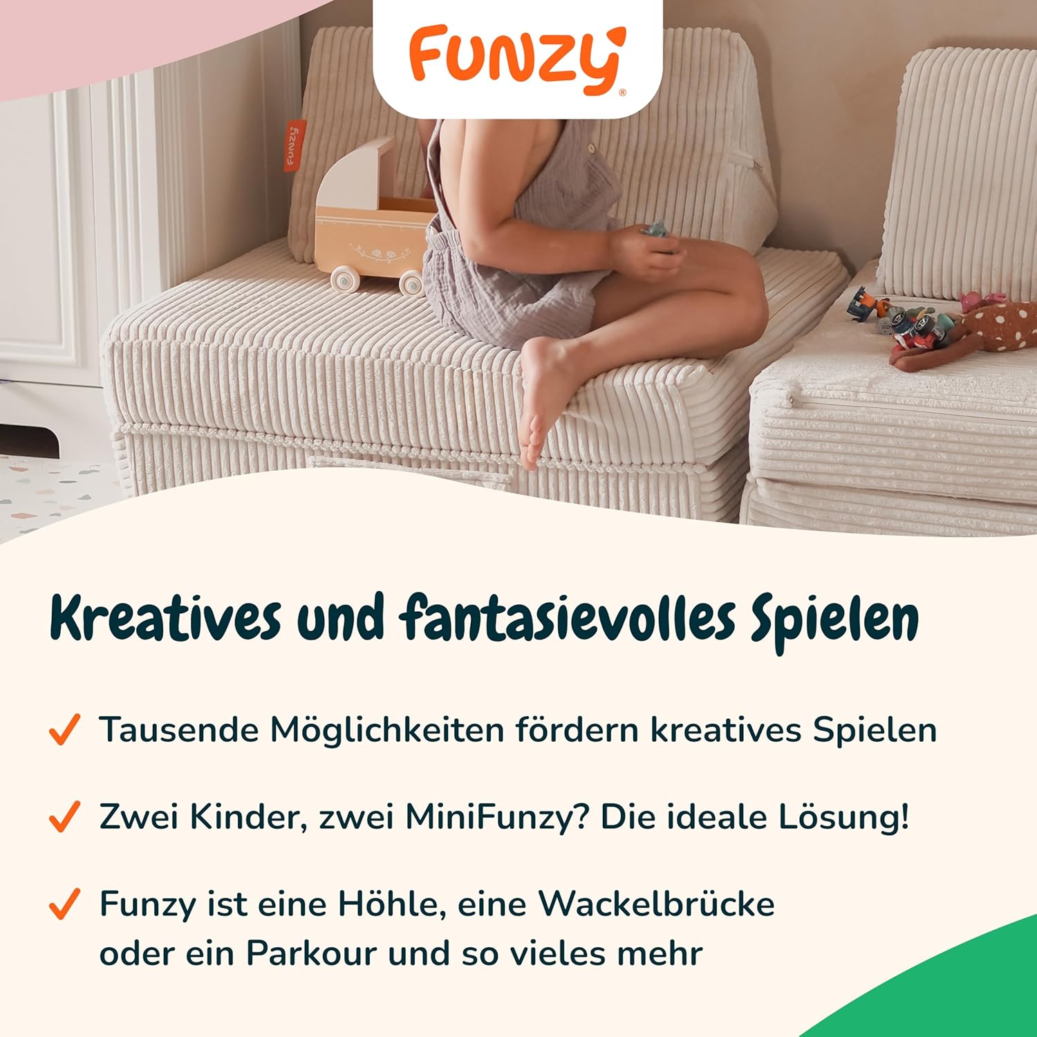 Funzy Mini Spielsofa für Kinder - Unser Mini für kreatives Spielen, Modulare Spielcouch, Waschbarer Bezug, Robust und Langlebig, Oeko-TEX 100 Zertifiziert mit 3 Jahren Garantie, Cord Creme Beige