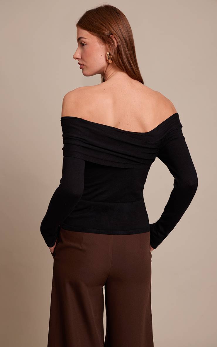 Noir Haut Tricoté Asymétrique À Épaule Dénudée Et Manches Longues