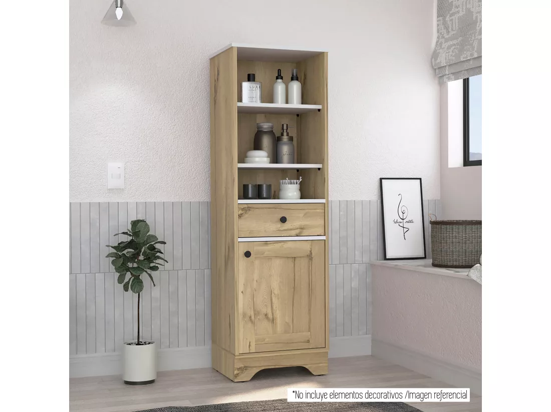 Colonne de bain Malaga avec porte et tiroir. 142 cm à x 44 cm et x 36 cm P. Chêne clair / blanc