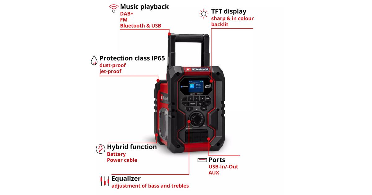 EINHELLAccu Radio TE-CR 18 Li DAB+/FM/BT - Solo bouwradio  (Rood/zwart, Accu en oplader niet inbegrepen)