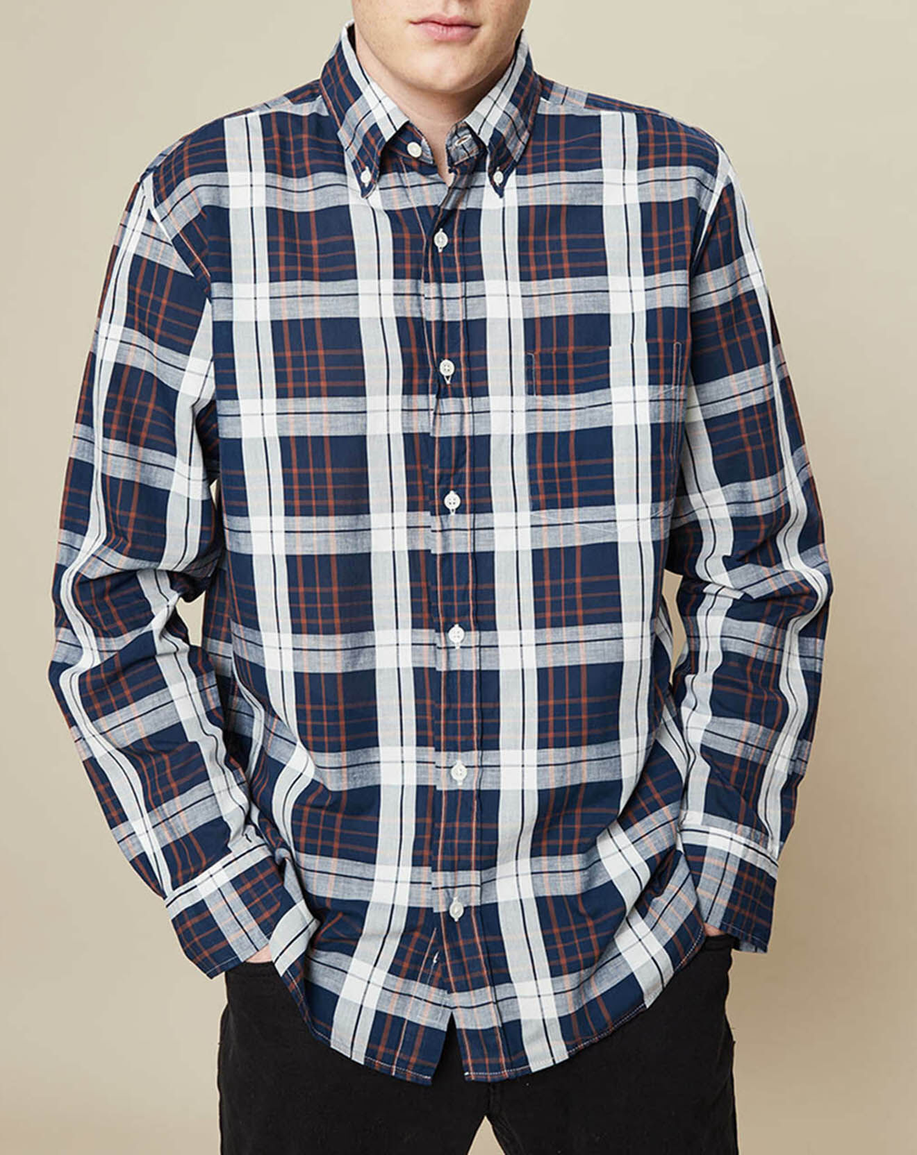 Hartford Chemise en Coton & Lin Regular Pal à carreaux blanc/bleu marine