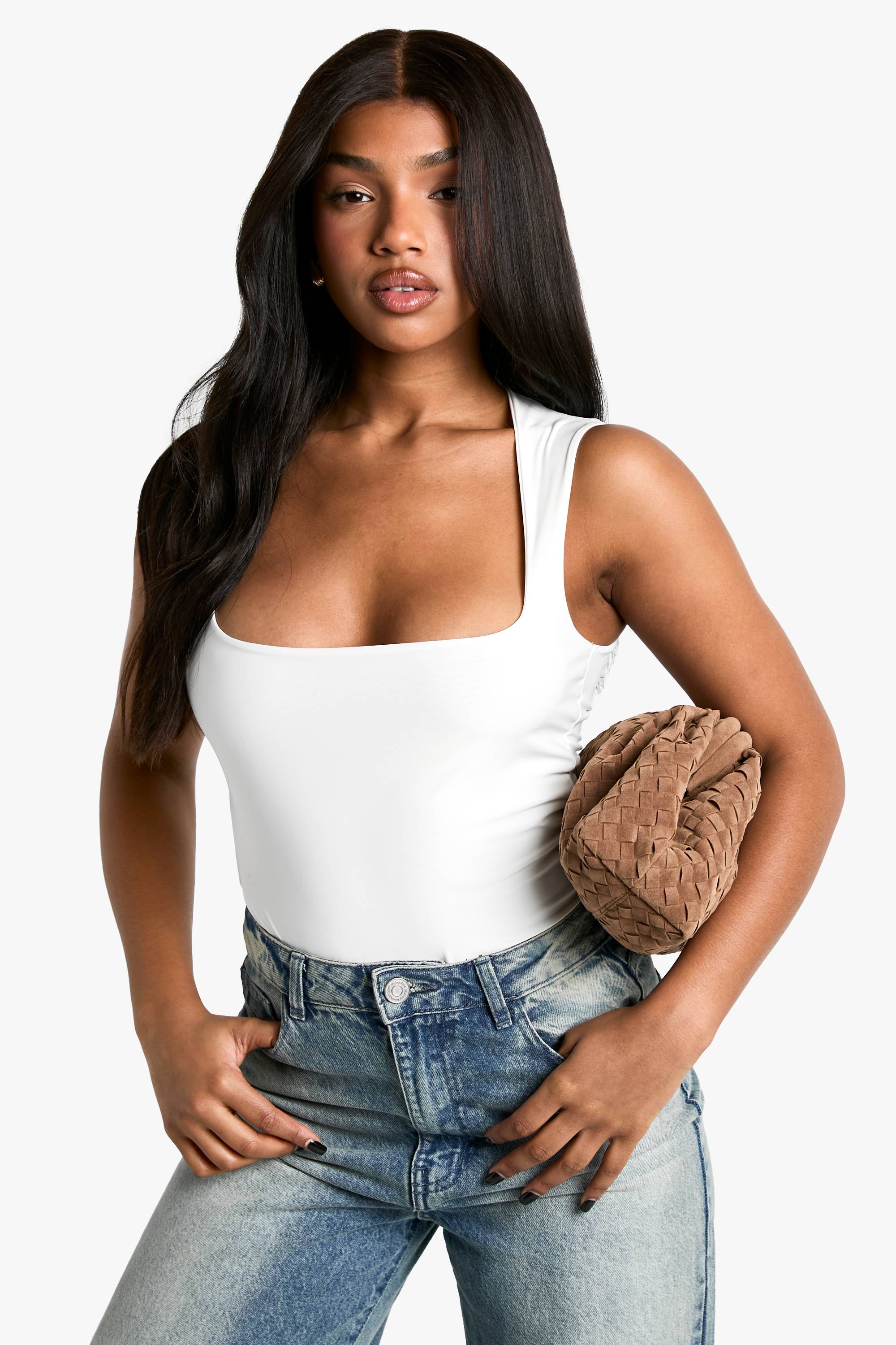 boohoo Double Layer Slinky Square Neck Bodysuit