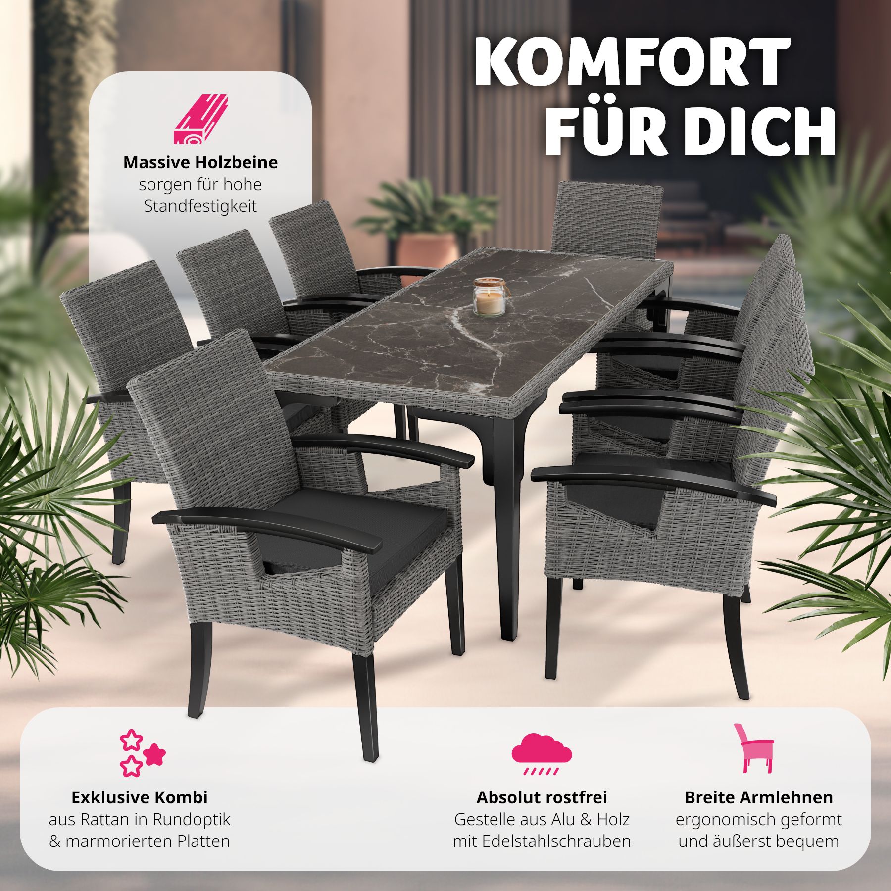 tectake® Rattan Tisch Foggia mit 8 Stühlen Rosarno, mit stabilen Holzgestellen, wetterfest und UV-beständig, Armlehnen und Beine aus Holz