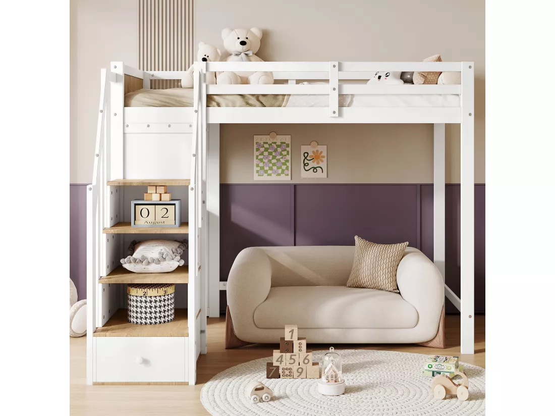 Lit mezzanine en bois - 90x200 cm - avec bureau、étagères et escalier de rangement - Blanc