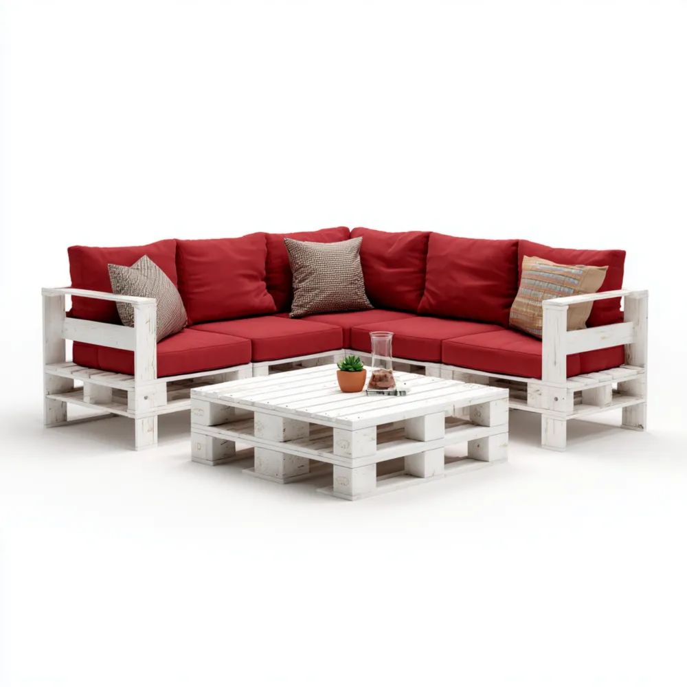 Paletten-Sofaset Holz 250x80x65 cm – Rot/Weiß – Industrial Design