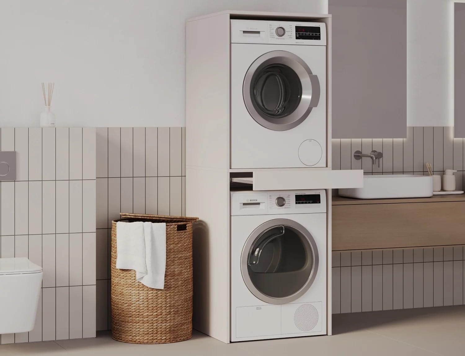PLATAN ROOM Waschmaschine Trockner Schrank mit Ausziehbrett • Waschmaschinenschrank für Waschmaschine & Wäschetrockner • Überbauschrank 187 x 65 x 66 cm (Weiß)