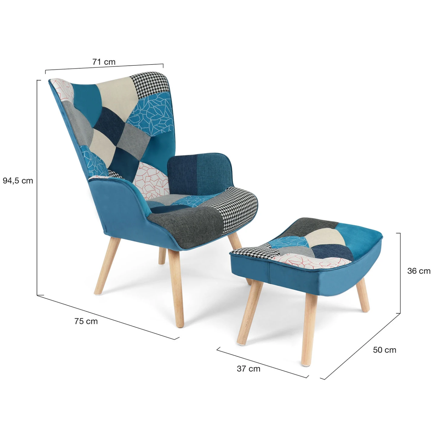 Fauteuil scandinave IVAR avec repose pieds en tissu patchwork et velours bleu