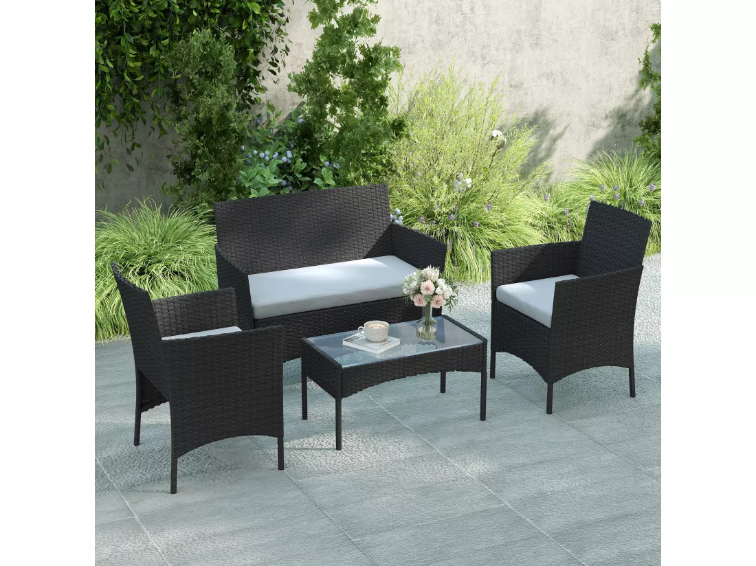 Ensemble salon de jardin 4 personnes 4 pièces résine tressée plateau verre trempé noir gris