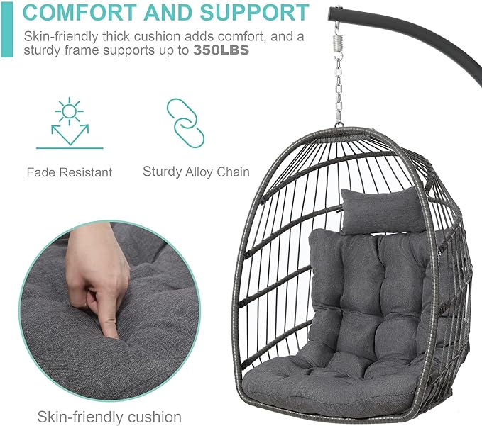 SWITTE Hanging Egg Chair with Stand, Egg Swing Hammock Chair with Stand, Indoor Outdoor Wicker Egg Chair with Cushion Headrest for Patio Bedroom Porch Garden, 350LBS Capacity(Dark Grey)