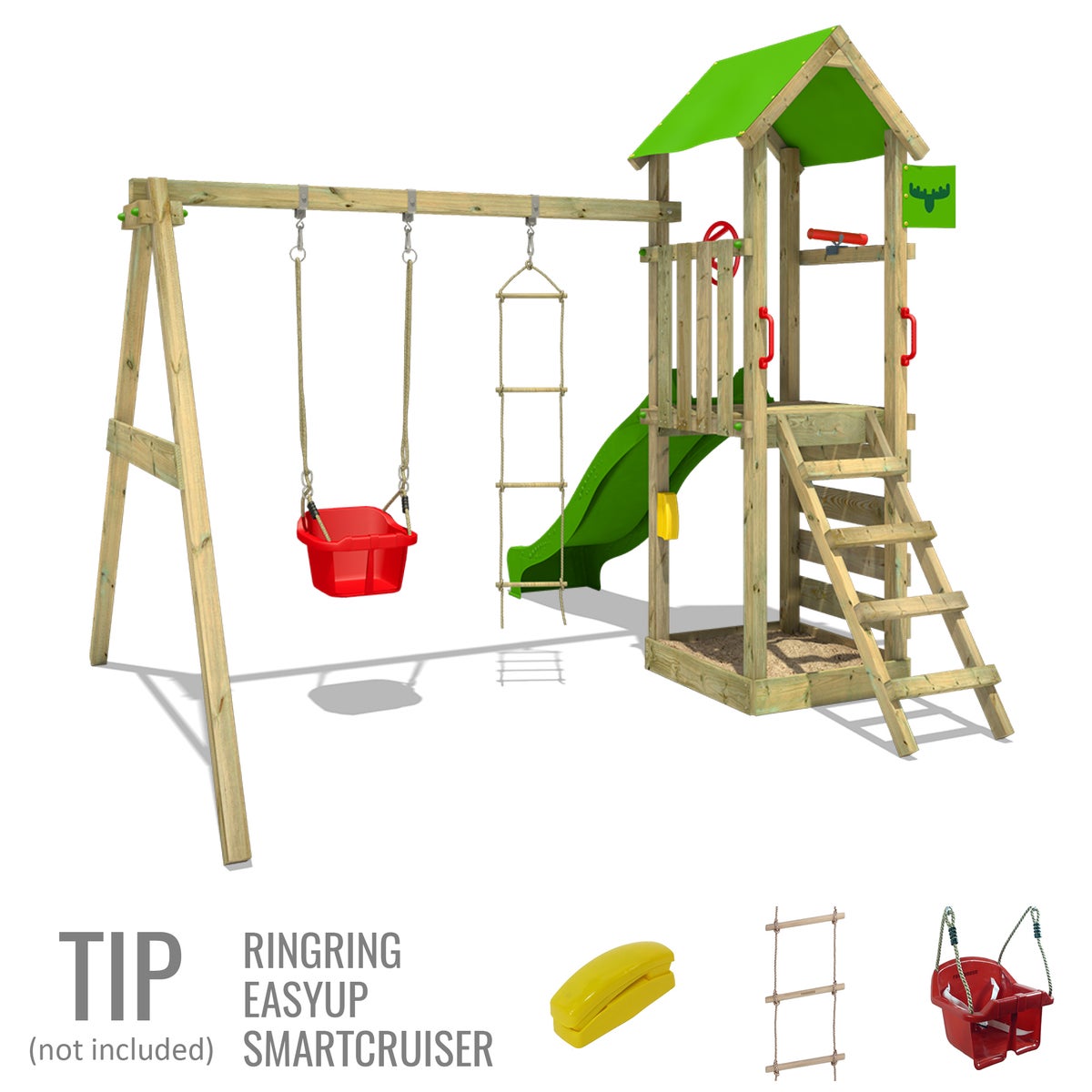 FATMOOSE KiwiKey speeltoren met schommel en groene glijbaan, zandbak, ladder en speelaccessoires