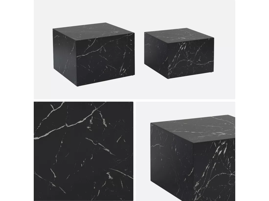 Lot de 2 tables basses effet marbre noir PAROS. L 58 x l 58 x H 40cm / L 50 x l 50 x H 33cm