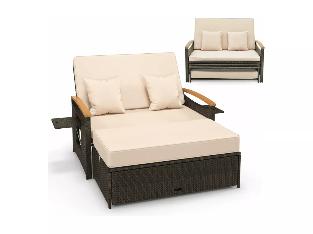 Salon de Jardin en Rotin et fibre naturelle avec Ottoman de Rangement, Bain de Soleil avec Plateau Latéral Rétractable Dossier Réglable Coussins 4 Positions, Canapé à 2 Places Charge 360KG, Beige