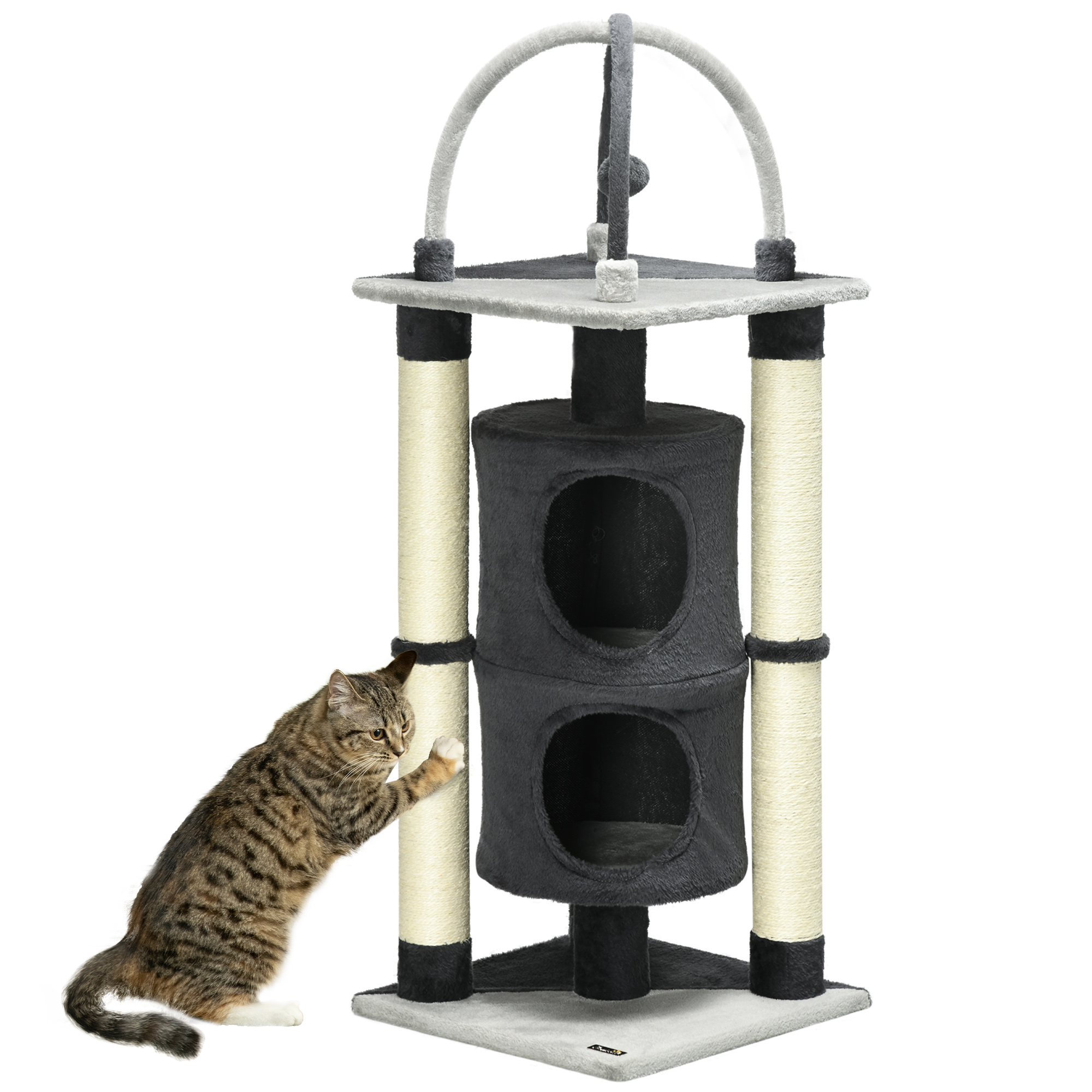 Árvore para Gatos PawHut, 114 cm de altura, 2 níveis, com plataforma para arranhar, postes de juta e bola pendurada, 39x39x114 cm, cinza