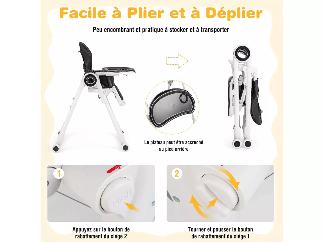 Chaise Haute pour Bébé, avec 6 Hauteurs Réglables de 6 à 36 Mois, Ceintures de Sécurité à 5 Points, Plateau Double Sécurisé, Jusqu'à 15 kg Noir