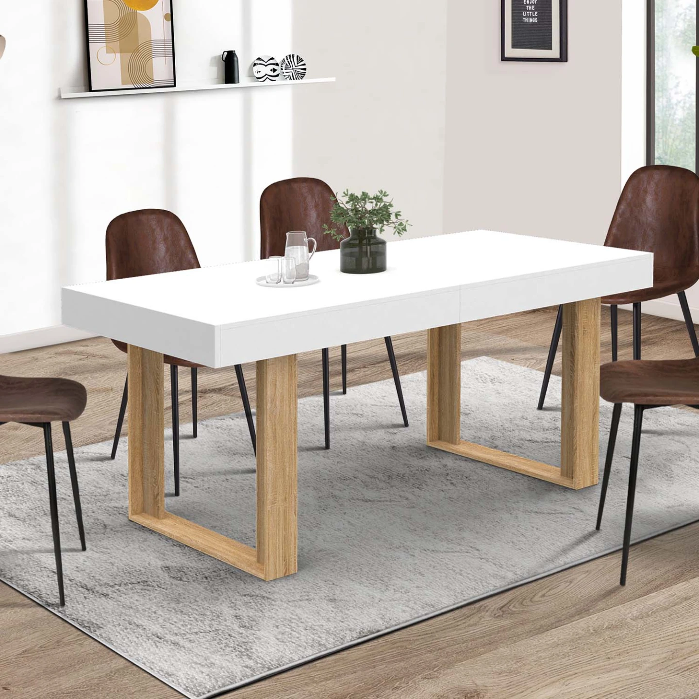 Table à manger extensible rectangle PHOENIX 4-8 personnes blanc pieds bois 160-200 cm