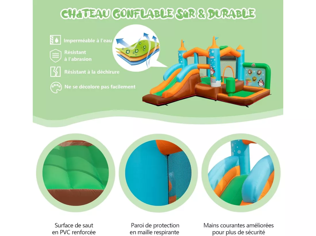 Château Gonflable avec Toboggan pour Enfants 3-12 Ans Thème Boisgouins, Aire de Jeux avec Panier de Basket-Ball Colonne de Boxe, 8 Piquets pour Cour Pelouse, Charge 90KG (sans Souffleur)