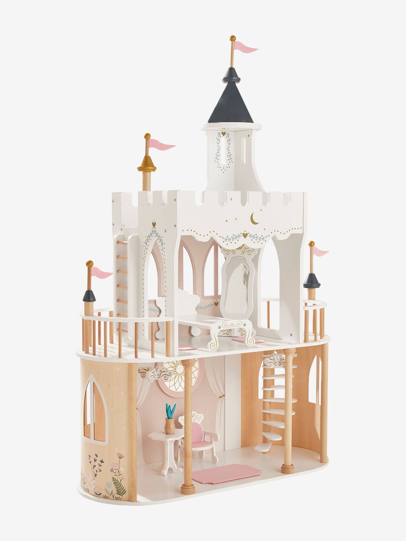 Castelo de princesa para bonecas, modelo de madeira com certificação FSC®, branco claro, liso com motivos.