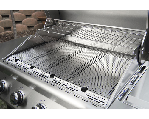 Nexgrill Evolution 4-pits gasbarbecue, zwart, inclusief zijtafel, warmhoudrek, dekselthermometer en gietijzeren grillrooster.