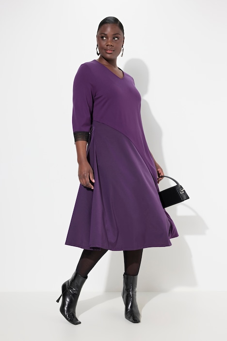 Punto-Kleid, A-Linie, Tafteinsatz, V-Ausschnitt, 3/4-Arm