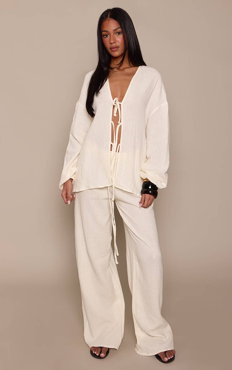 Crème Pantalon Large En Gaze Texturée Pour Grandes Tailles