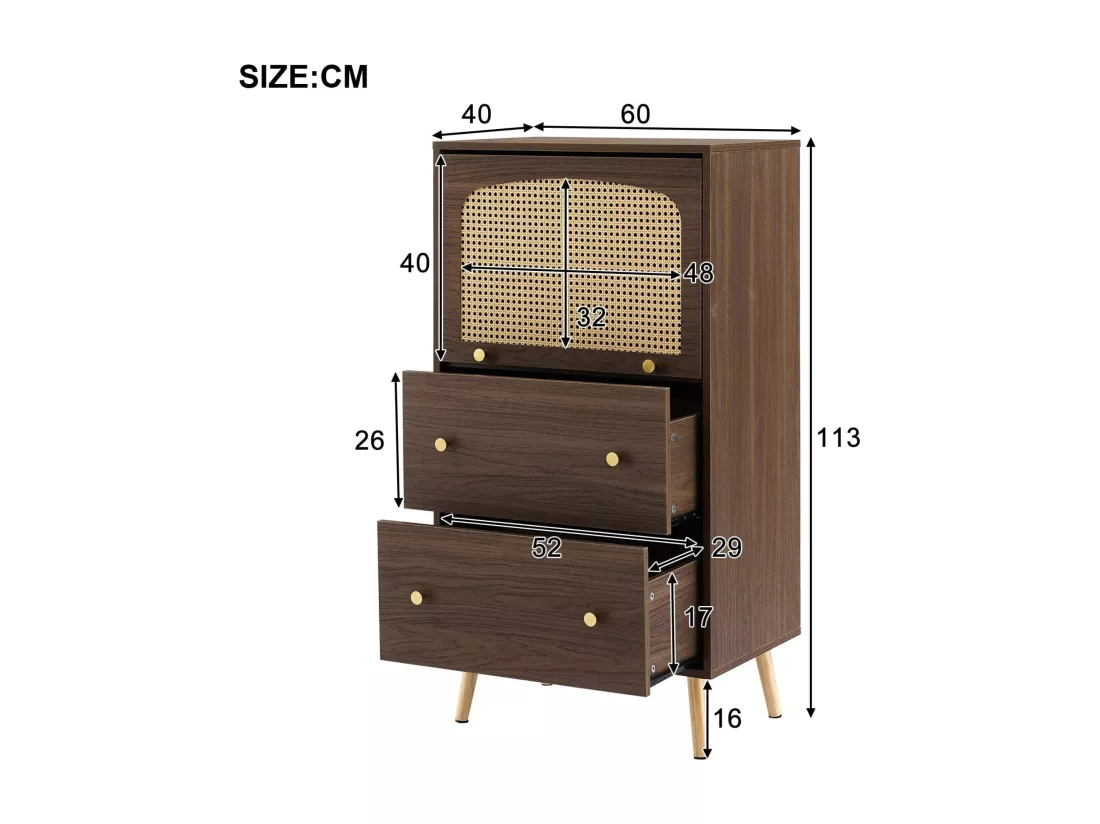 Armoire en noyer avec détails en rotin-stroge,d60cm×h113cm