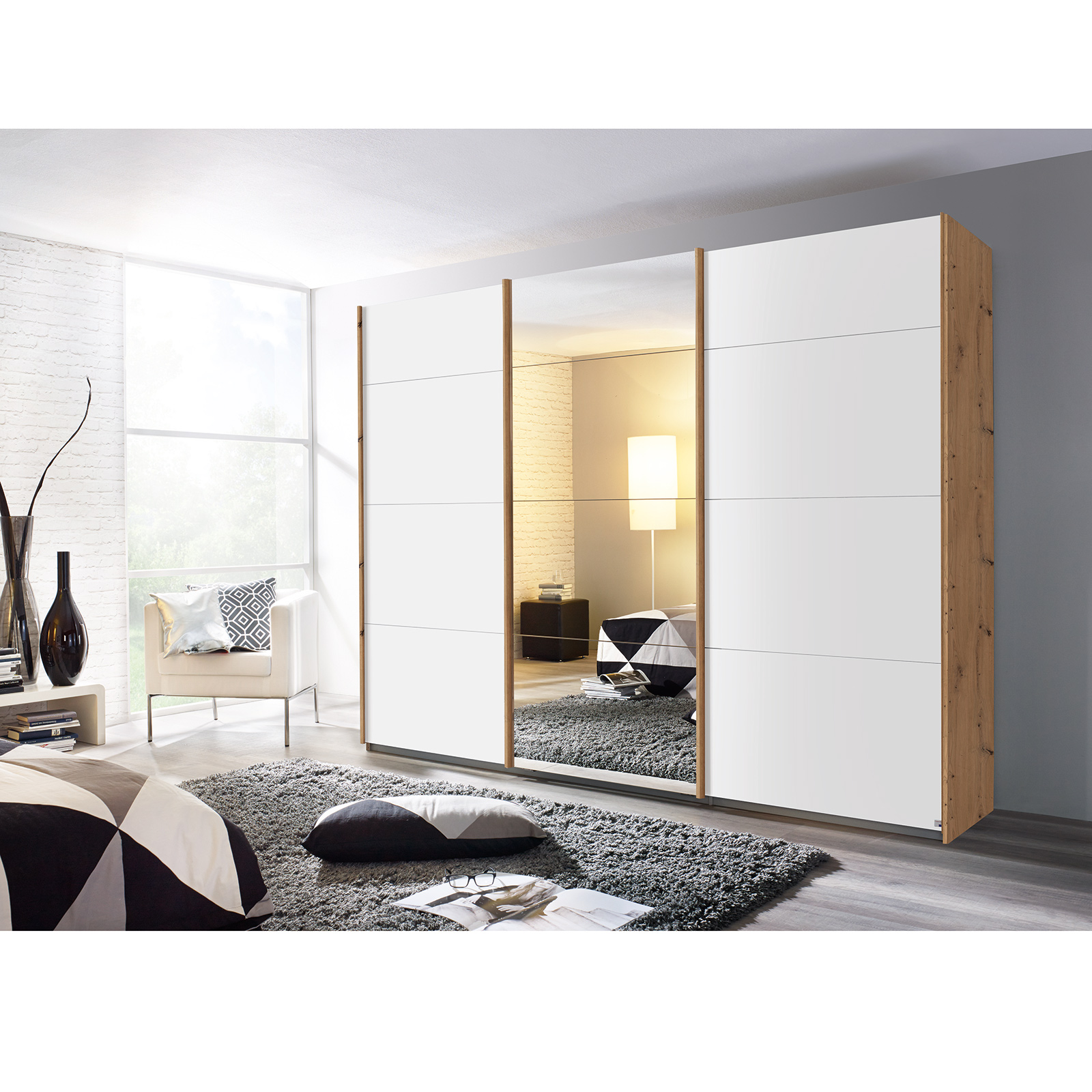 Schwebetürenschrank - alpinweiß - Eiche Artisan - mit Spiegel - 271x229 cm