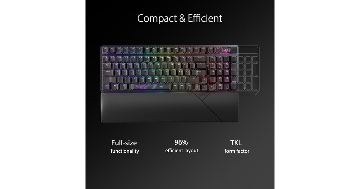 ASUSROG Strix Scope II 96 Wireless, gaming toetsenbord  (Zwart, US lay-out, ROG NX Snow, RGB leds, 96%, Hot-swappable, PBT Double-shot, Bluetooth / 2.4GHz / USB 2.0)