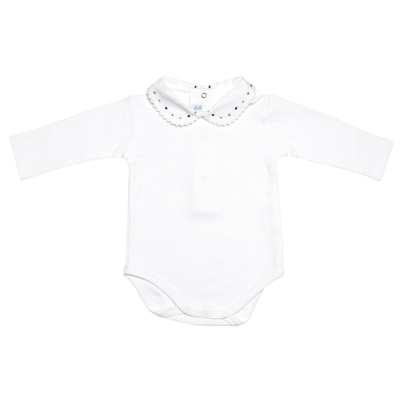 Langarmbody weiss mit Stickerei-Kragen beige, braun