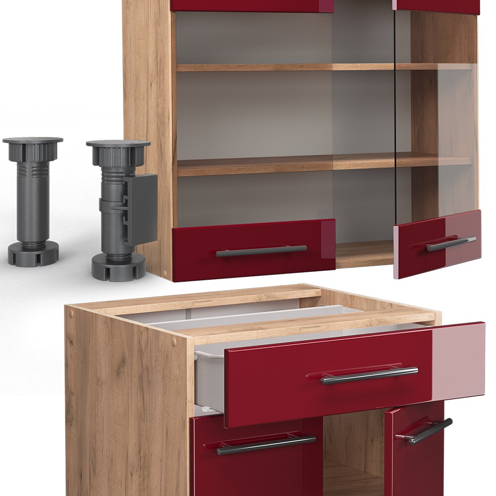 Vicco Küchenzeile Küchenblock Einbauküche Fame-Line Single Eiche Rot Bordeaux 140 cm modern Küchen Schränke Spülenunterschrank Schubunterschrank Hängeschrank Hängeglasschrank Hochglanz