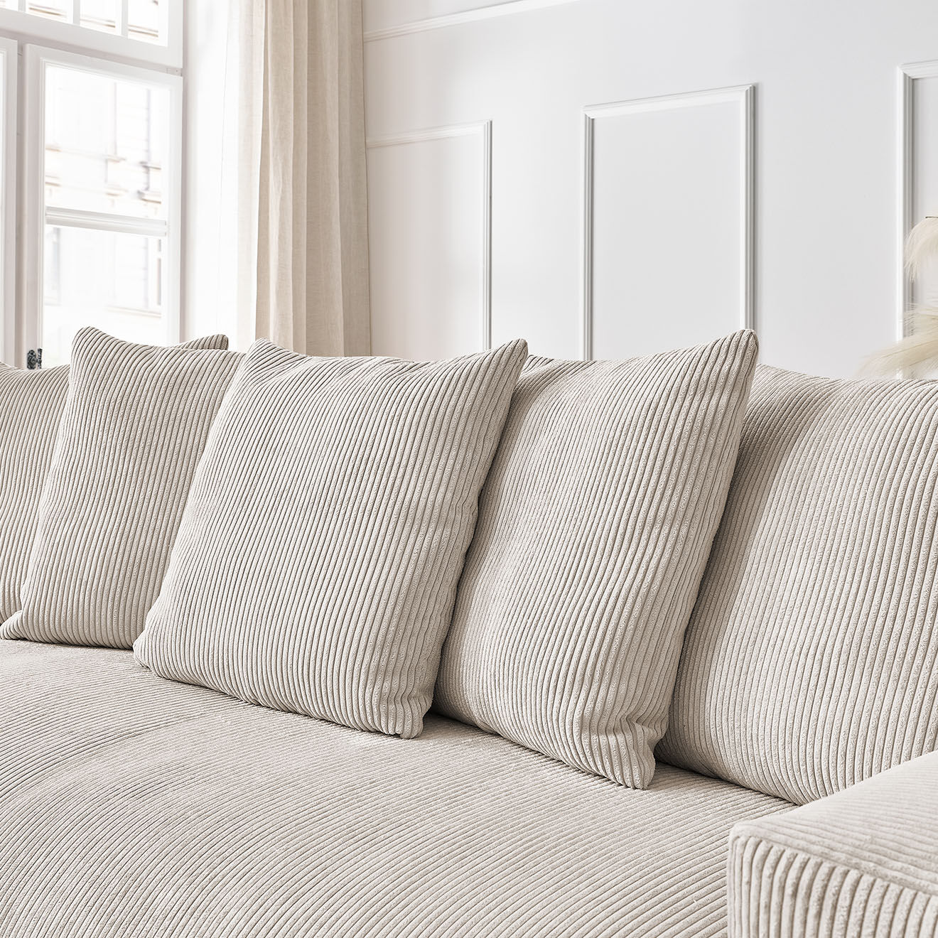 Bobochic Canapé droit fixe 3 places ultra moelleux voltaire velours côtelé beige - 280x124x75 cm