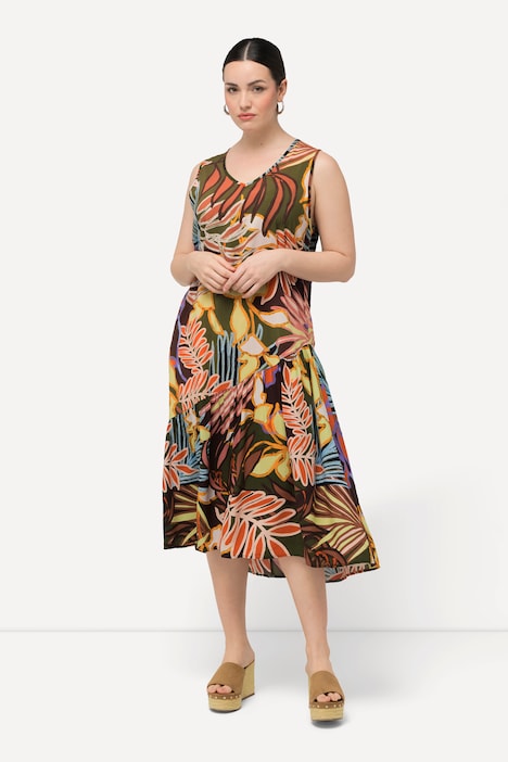Kleid, Blätter, Volantsaum, V-Ausschnitt, ärmellos