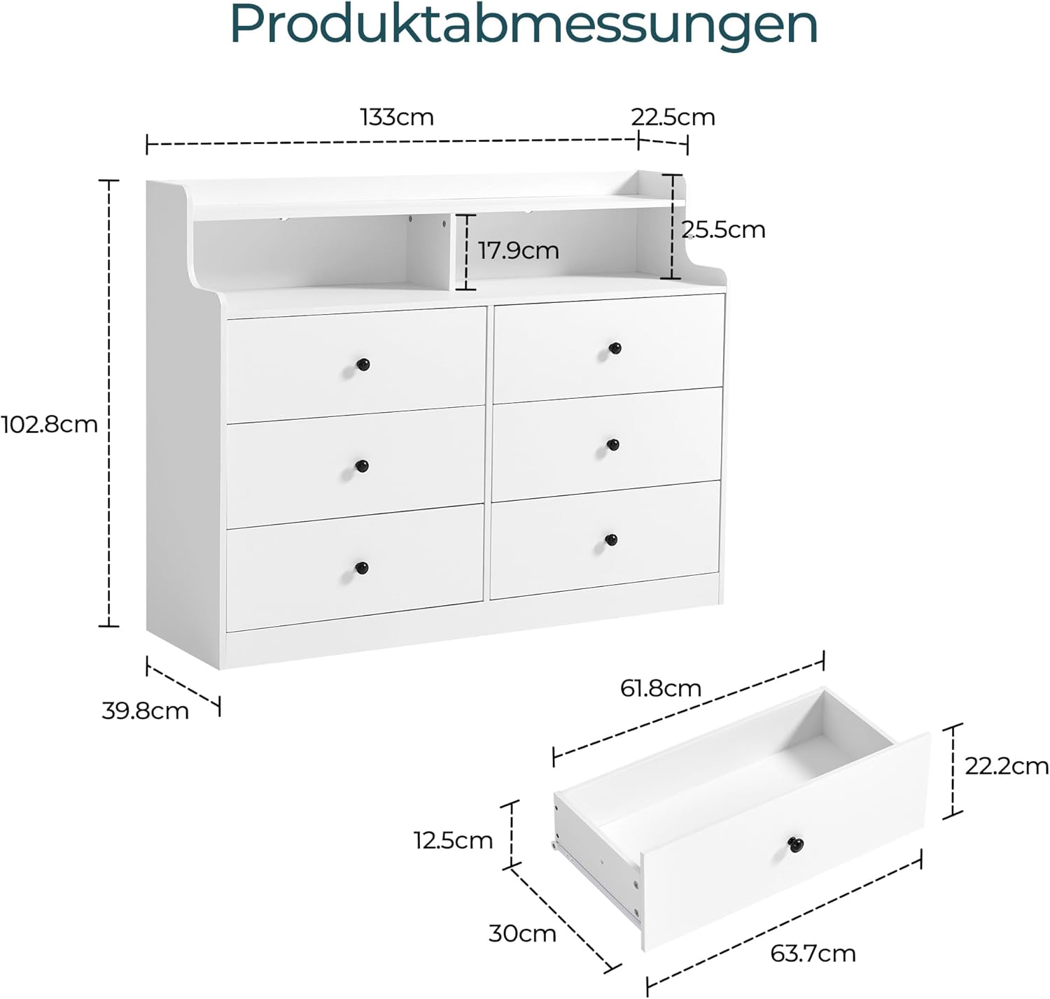LINSY HOME Kommode mit 6 Schubladen, Weiß – Hochwertiger Schubladenschrank aus Holz, Wäschekommode fürs Schlafzimmer, Modernes Design, Maße: 133 × 102,8 × 39,8 cm