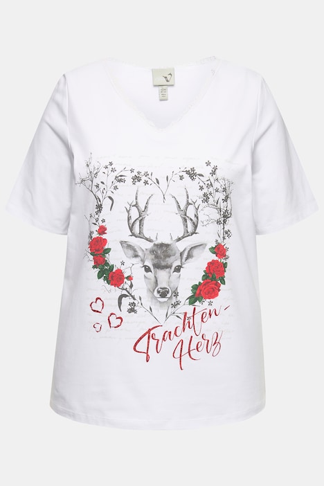 T-Shirt, Trachtenherz, Classic, V-Ausschnitt mit Spitze, Halbarm
