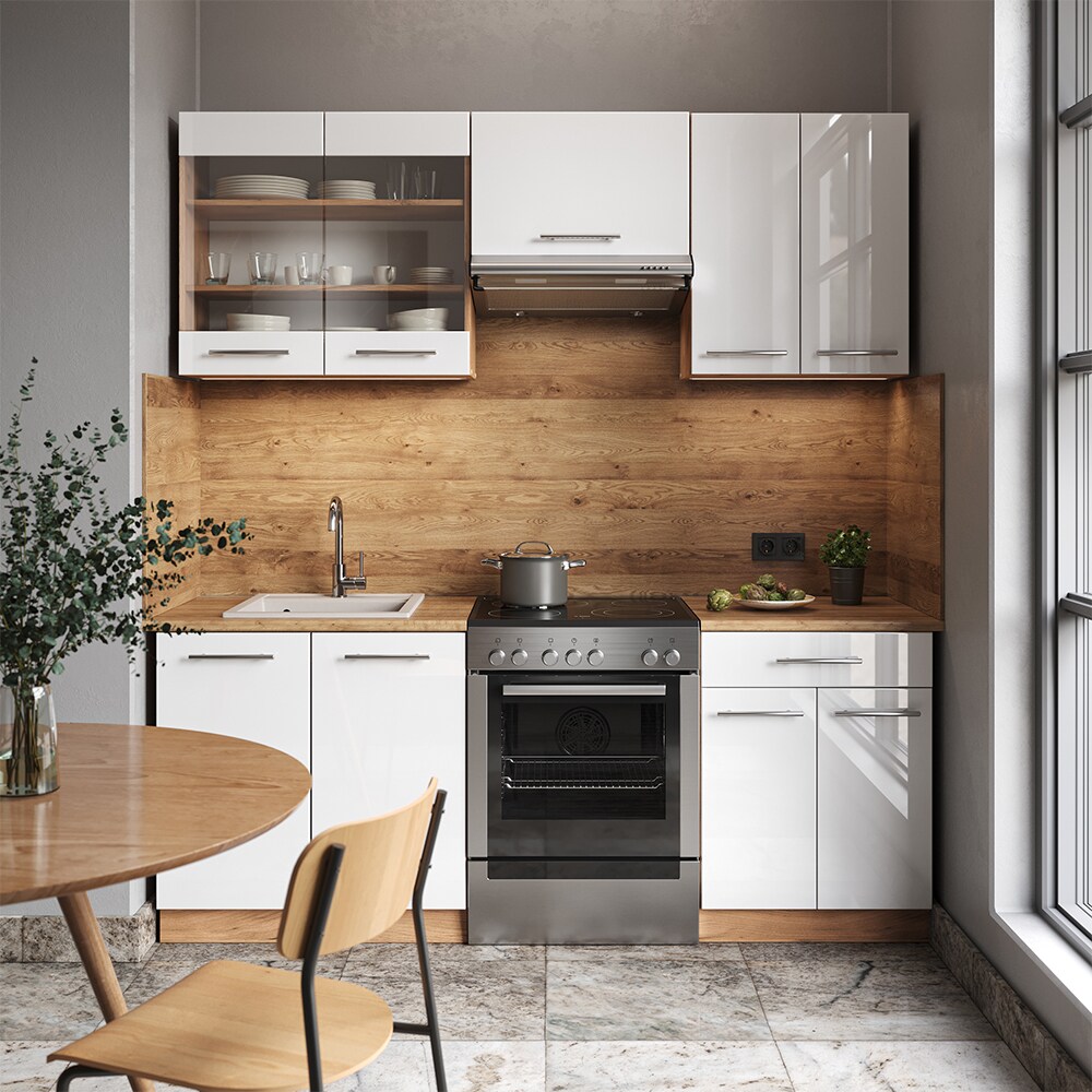 Vicco Küchenzeile Küchenblock Einbauküche Fame-Line Eiche Weiß 200 cm modern Küchen Schränke Schubunterschrank Spülenunterschrank Hängeschrank Hängeglasschrank Hochglanz