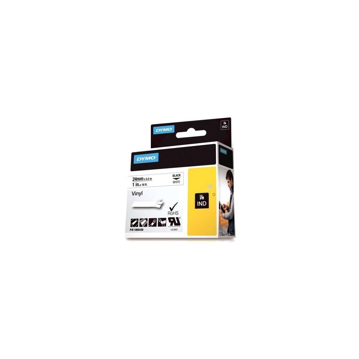 DYMO Rhino Professional, 24mm, merkbar vinylteip,svart tekst hvit teip
