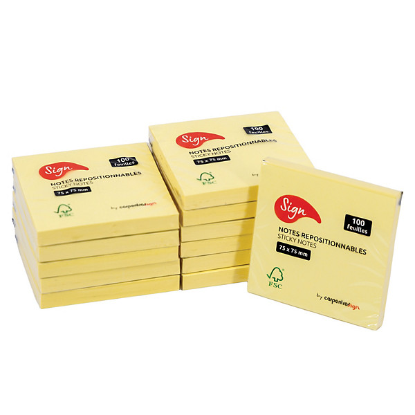 Notes repositionnables 75 x 75 mm coloris jaune, lot de 12 blocs