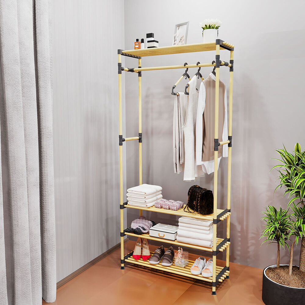 Penderie avec 3 étageres bois beige et plastique noir - 77x28xH164cm