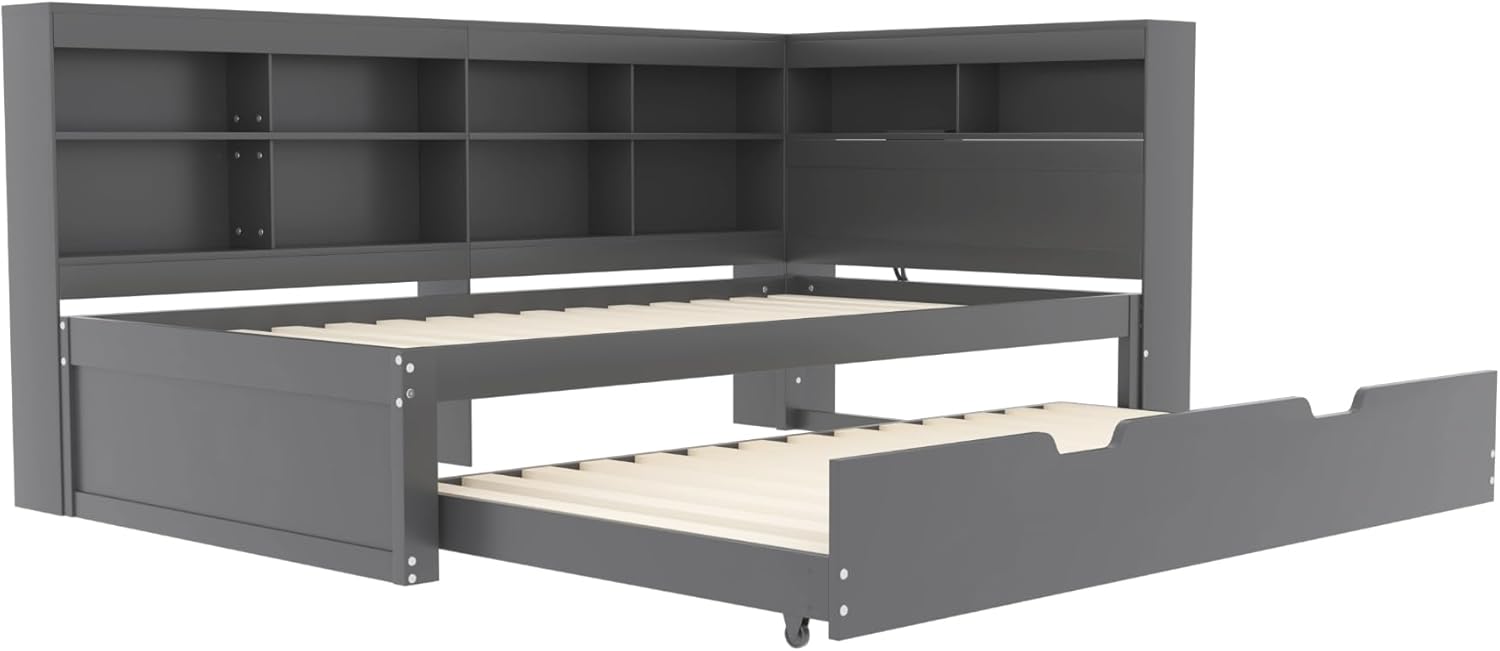 Schlafsofa 90x200, Ausziehbares Bett 90x190 mit USB-Steckdose und Mehreren Ablagefächern, Massivholzbett, Einzelbett, Holz-Multifunktionsbett (Grau)