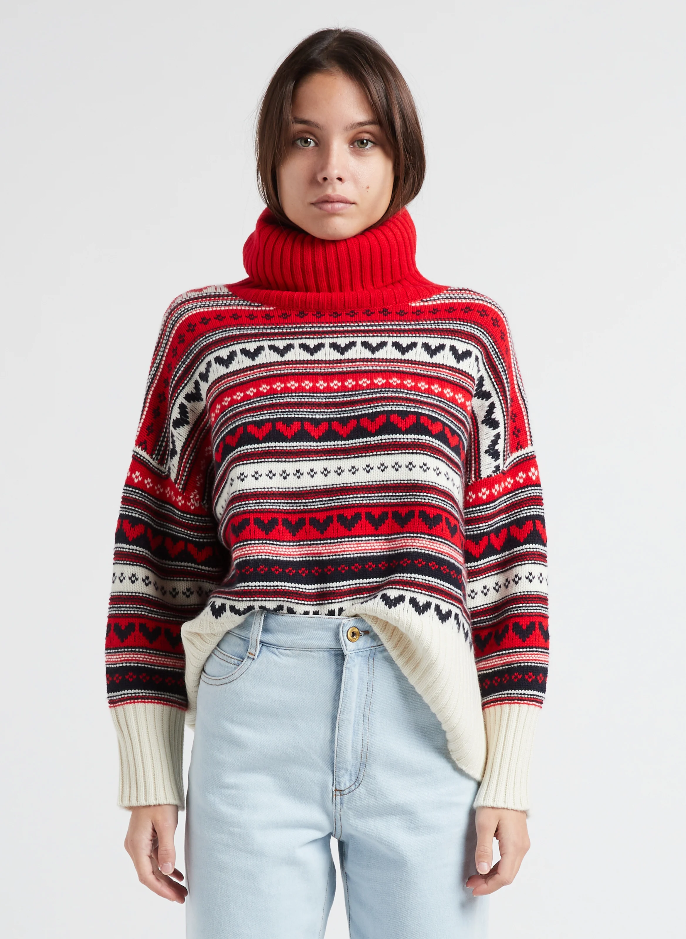 LOULOU - Pull col roulé imprimé en cachemire| Rouge
