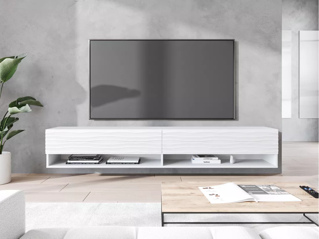 Meuble TV - 180 cm - blanc avec façade à motif ondulé - sans LED - WANDER