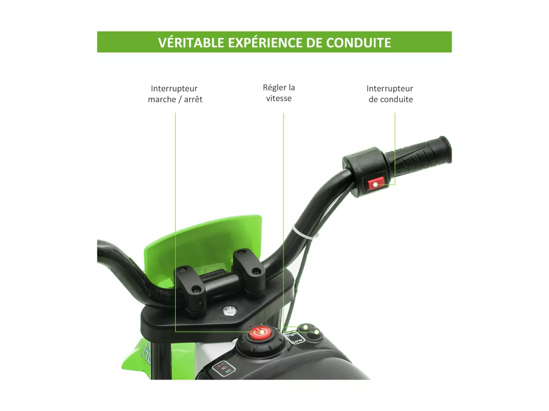 Moto cross électrique pour enfant 3 à 5 ans 12 V 3-8 Km/h avec roulettes latérales amovibles dim. 106,5L x 51,5l x 68H cm vert