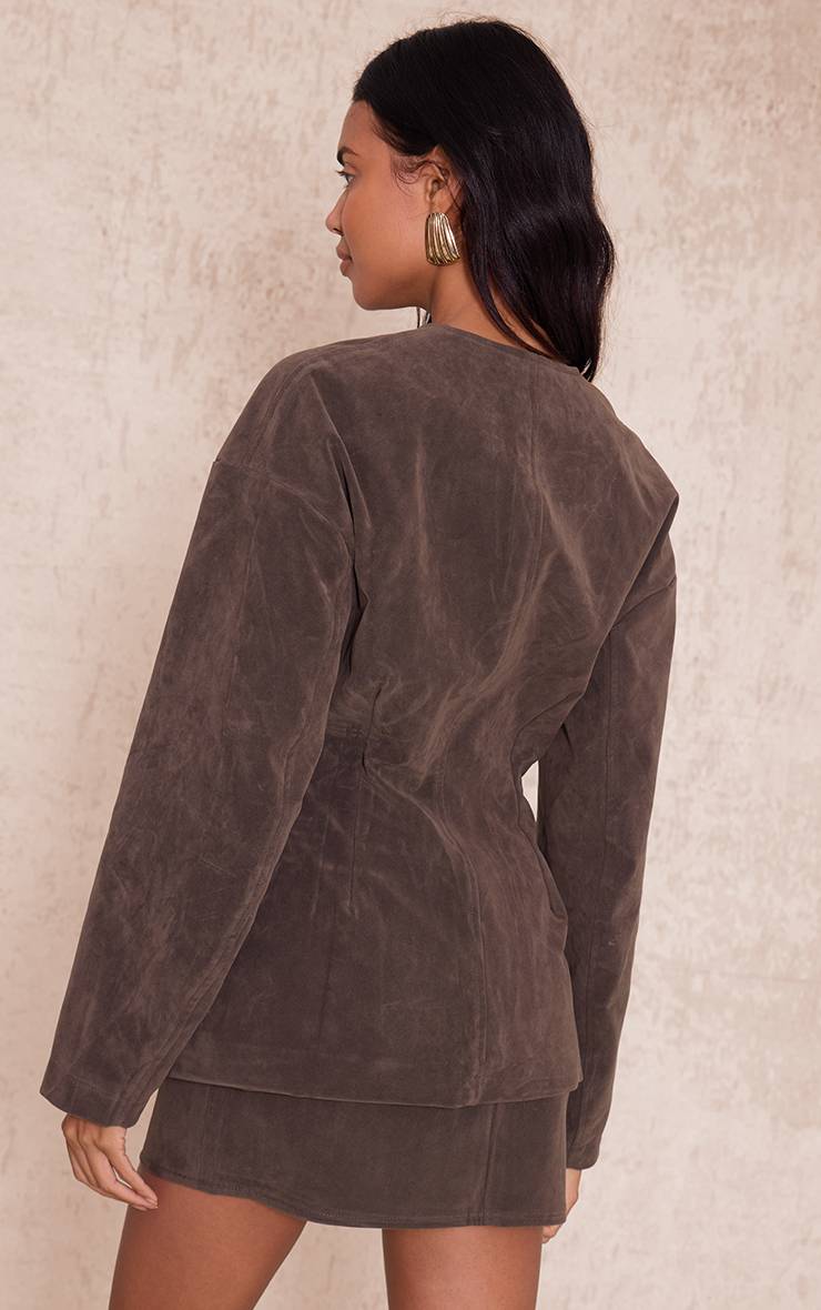 Kaki Ensemble Blazer Sans Col En Synthétique À Manches Cocon