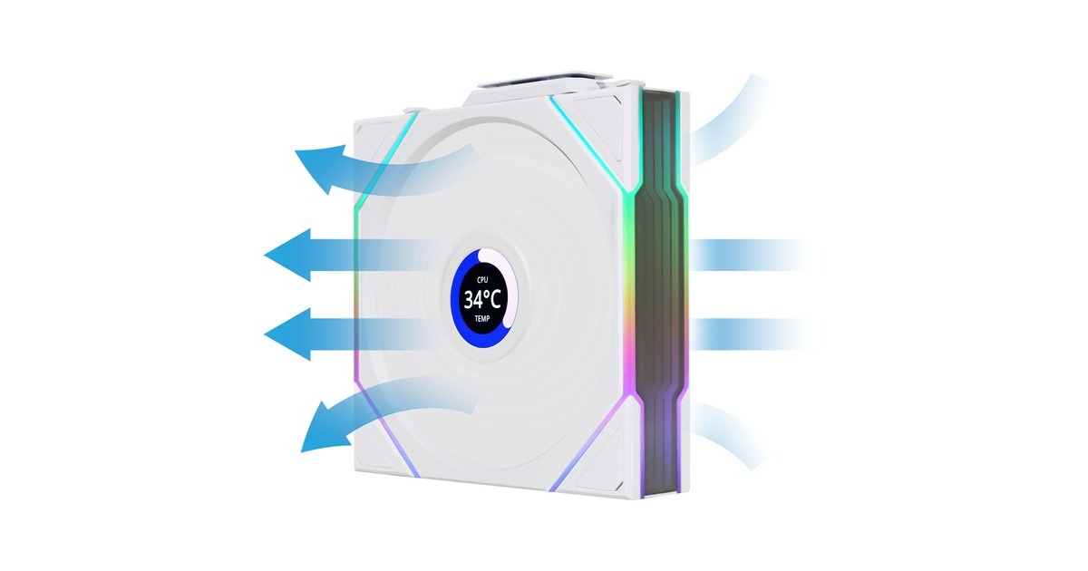 Lian LiUNI FAN TL 120 LCD Wireless Reverse Blade RGB case fans  (Wit, 3 stuks, 120 x 124 x 28 mm, PWM, 1x 9-pin USB, incl. controller)