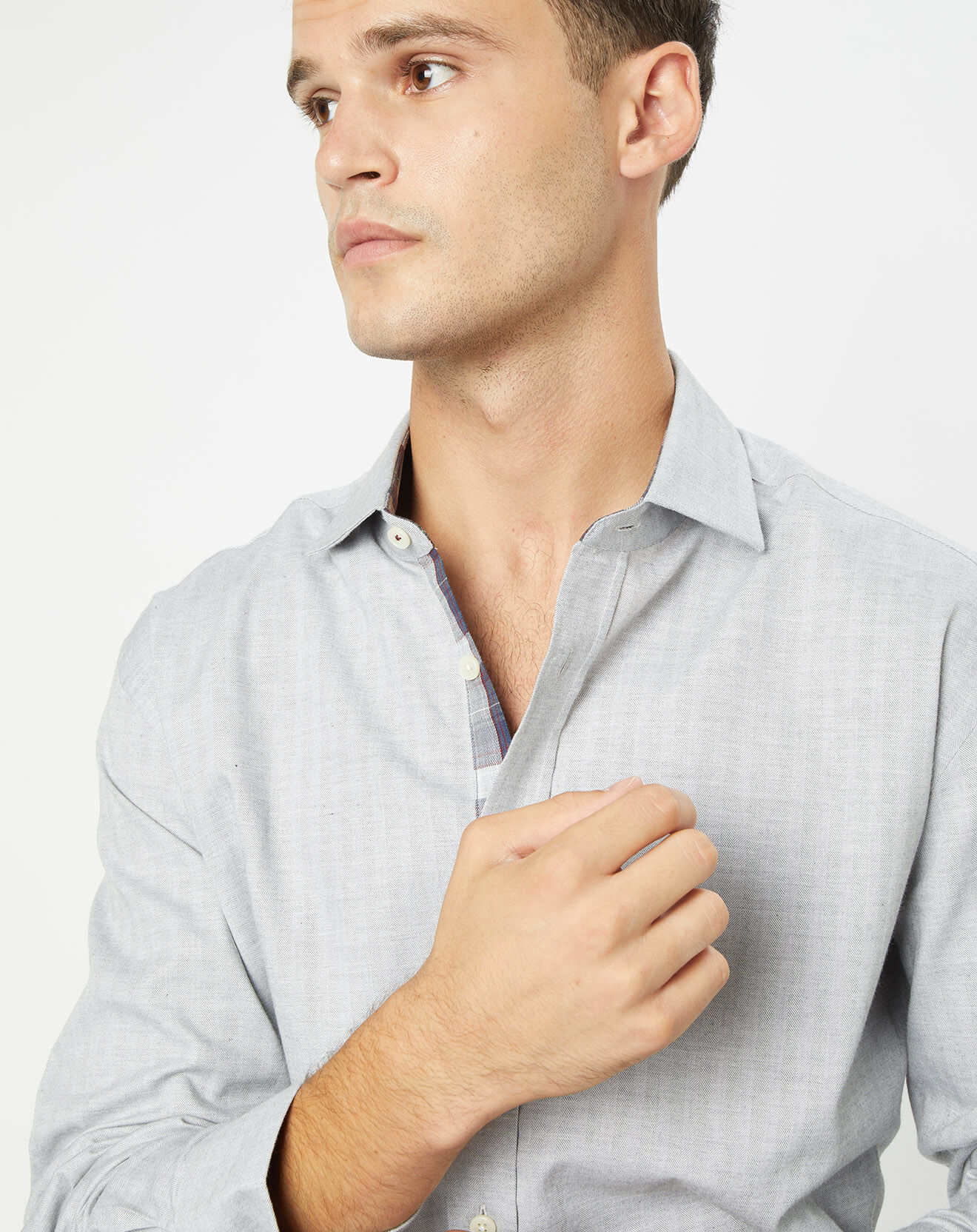 Hackett London Chemise Slim Fit en Flanelle Chevron gris clair