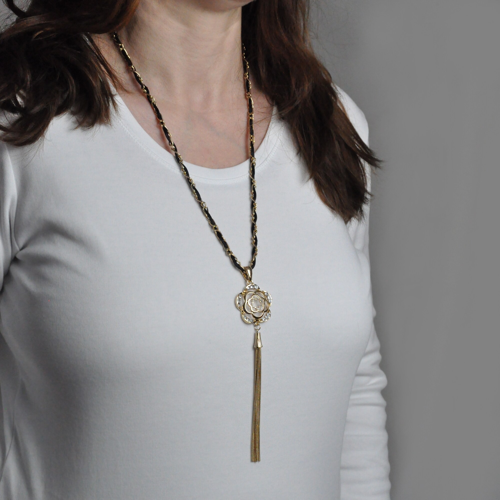 Steuer Modeschmuck Anhänger mit Kette Metall Kette goldf. Mit schwarzem Textilband und Blütenanh.