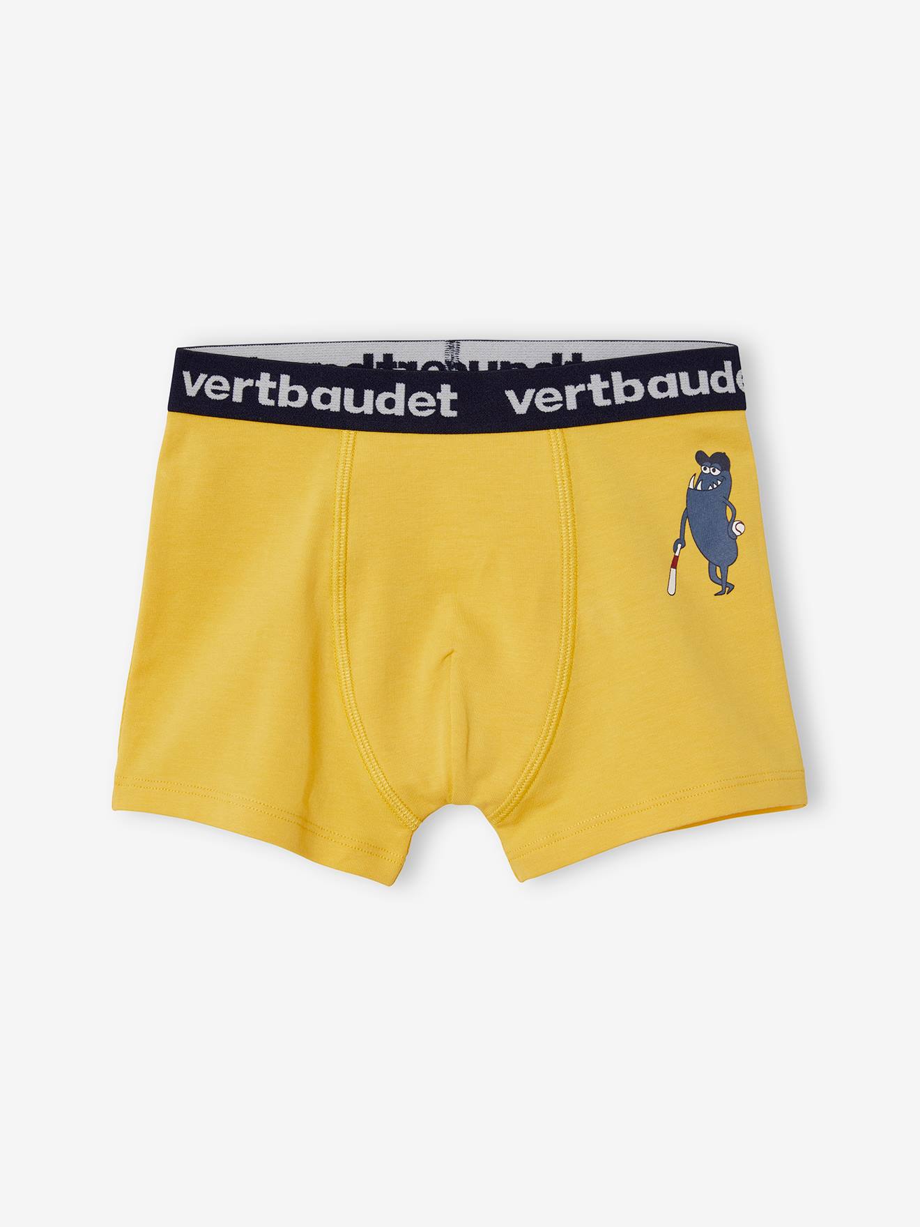 Pacote com 5 cuecas boxer elásticas com estampa de monstros para meninos, lisas, azul-escuras com detalhes.