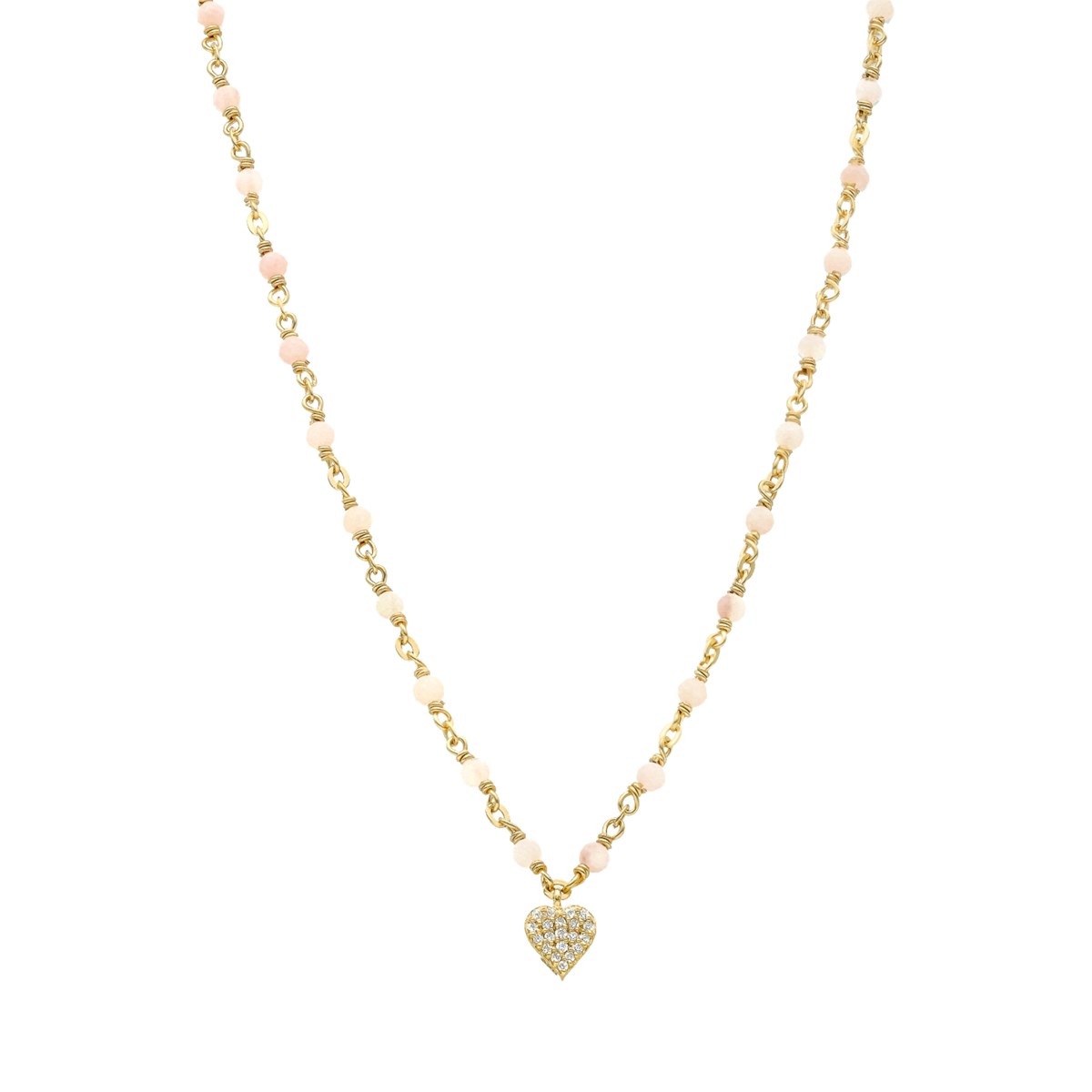 Collier Argent Doré Coeur Serti Blanc Pierres Opale Rose