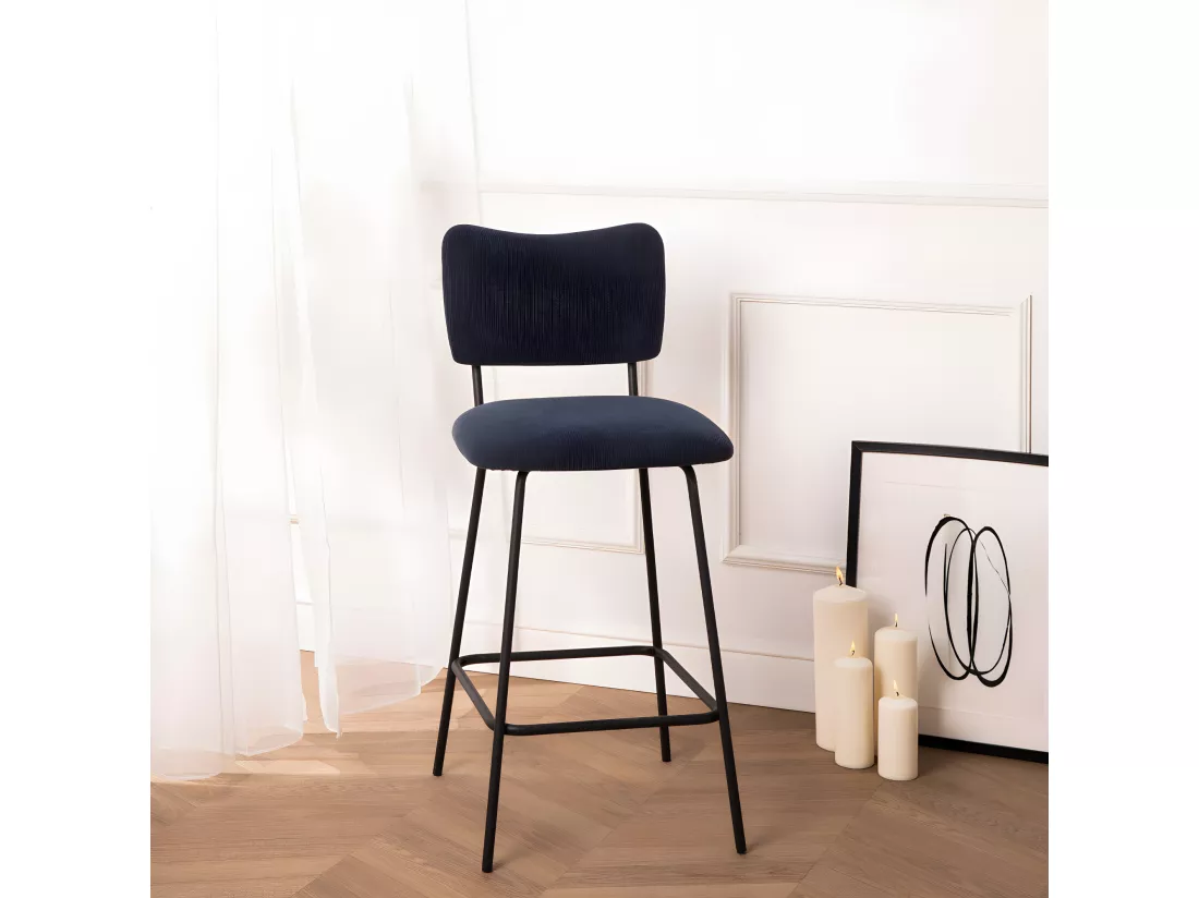 Vander - Lot de 2 chaises de bar en velours côtelé et métal H65cm - Ardoise